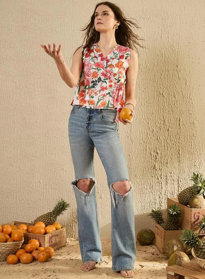 Sanskrutihomes Multi-Color Floral Print Tie-UP Wrap Top