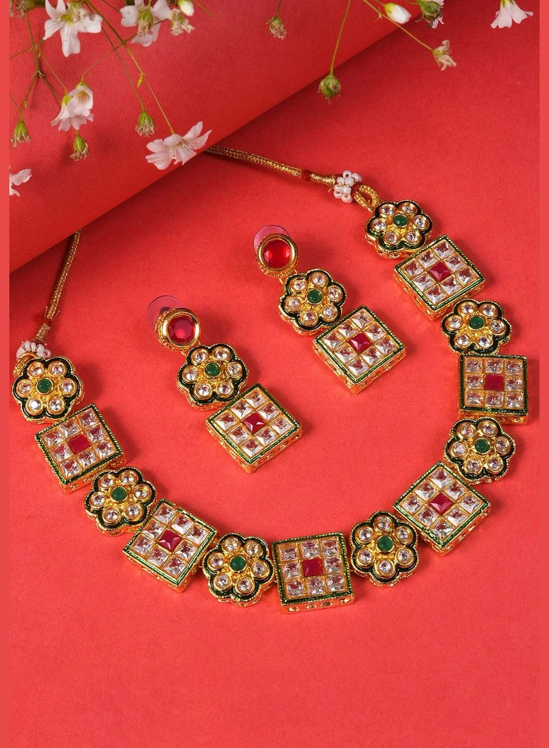 SOHI Gold Plated Designer Stone Necklace and Earrings Set
