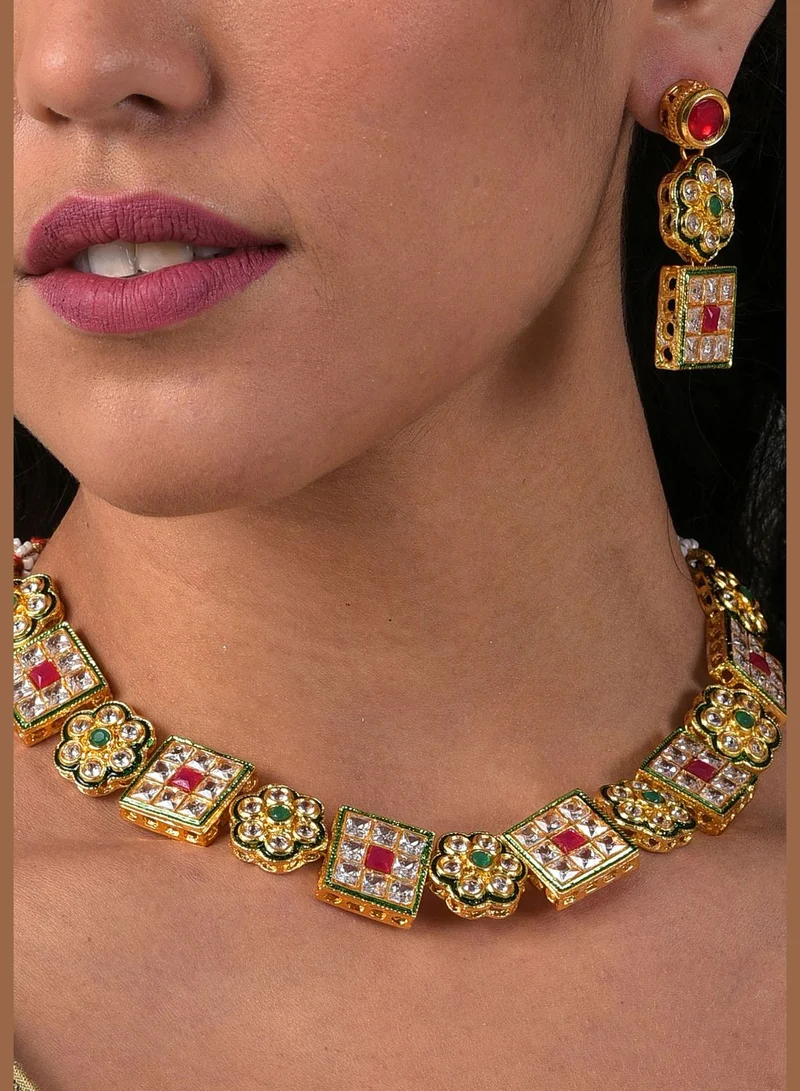SOHI Gold Plated Designer Stone Necklace and Earrings Set