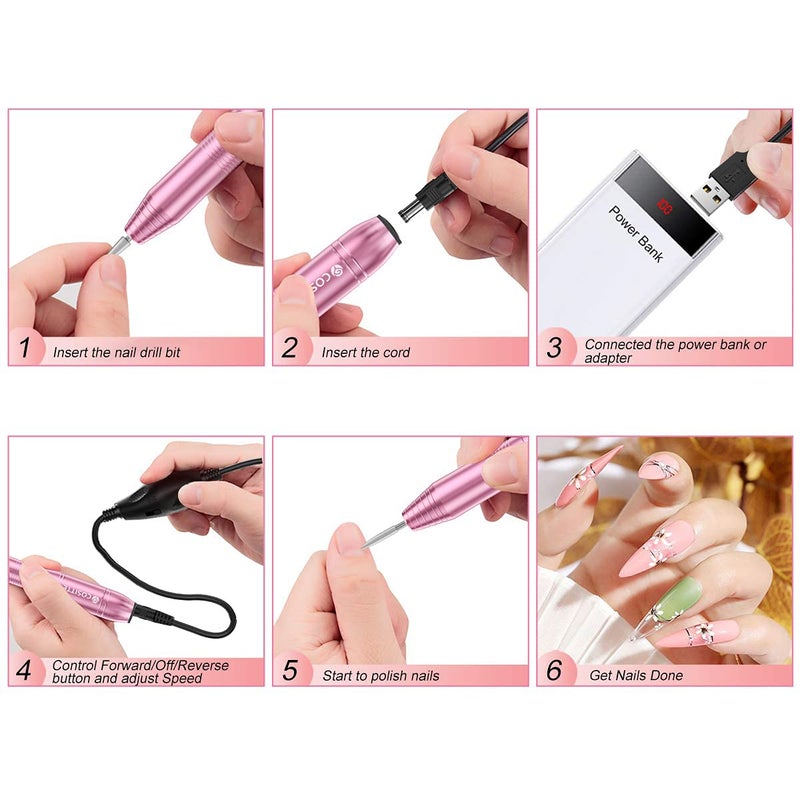 COSITTE جهاز حفر الأظافر الكهربائي، جهاز حفر الأظافر الكهربائي USB لمجموعة أظافر الأكريليك، أداة تلميع الأظافر الكهربائية المحمولة لمجموعة العناية بالأظافر والقدمين، لوازم الأظافر Efile للاستخدام المنزلي وصالونات التجميل، وردي - Image 4