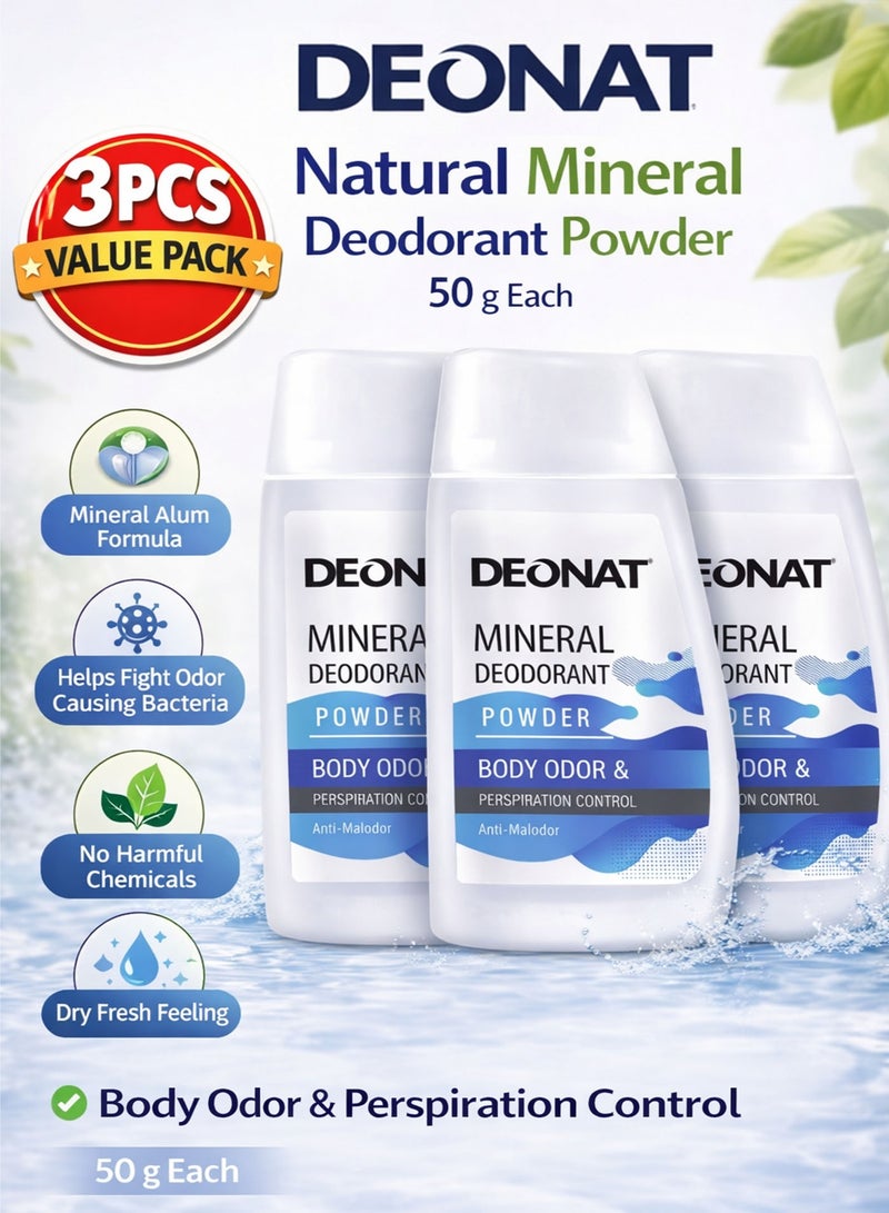 ديونات عبوة 3 ديونات مسحوق مزيل عرق طبيعي 50 جرام لكل عبوة ألوم للتحكم في رائحة الجسم والتعرق مضاد للبكتيريا يمنح إحساس جاف ومنعش بدون آثار بيضاء وخالي من المواد الضارة للرجال والنساء عبوة اقتصادية - Image 1