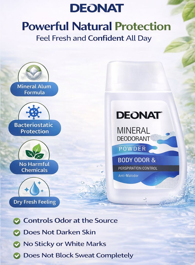 ديونات عبوة 3 ديونات مسحوق مزيل عرق طبيعي 50 جرام لكل عبوة ألوم للتحكم في رائحة الجسم والتعرق مضاد للبكتيريا يمنح إحساس جاف ومنعش بدون آثار بيضاء وخالي من المواد الضارة للرجال والنساء عبوة اقتصادية - Image 2