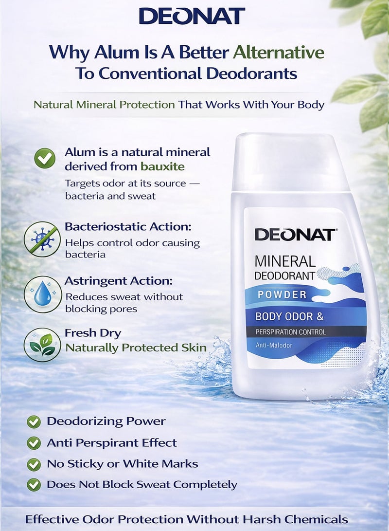 ديونات عبوة 3 ديونات مسحوق مزيل عرق طبيعي 50 جرام لكل عبوة ألوم للتحكم في رائحة الجسم والتعرق مضاد للبكتيريا يمنح إحساس جاف ومنعش بدون آثار بيضاء وخالي من المواد الضارة للرجال والنساء عبوة اقتصادية - Image 3