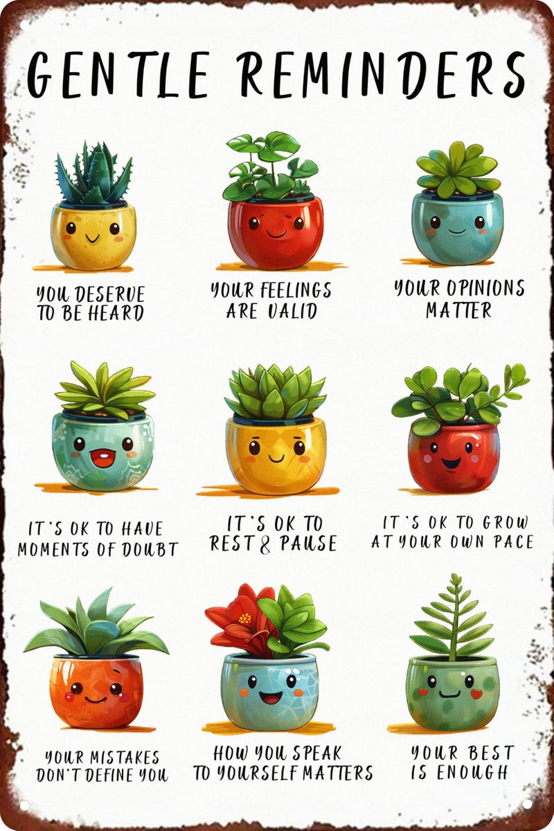 WSUPBPR Room Retro Tin Metal Signs Cute Potted Plants Desk Decor therapy office decor office plant decor boho desk accessories aesthetic Mental Health Gentle Reminders Sign 8x12 in - Image 1
