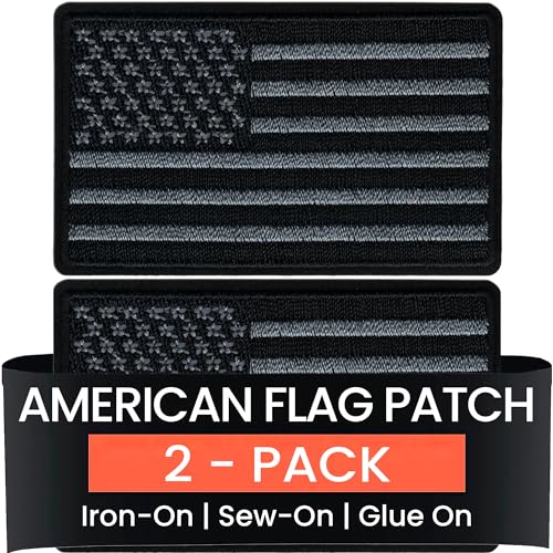 Laughing Lizards Black American Flag Patches 2Pack Iron On USA Patch Set of United States of America Flag US Flag Patch sew on for Hats Clothing Backpacks and Accessories