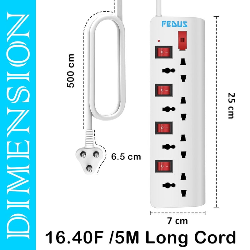 Fedus 5 Meter 164 Feet Long Extension Board with 4 International Socket Computer Surge Protectors Spike Buster 250 Volts 6 Amp Max 1000 Watt Load White - Image 5