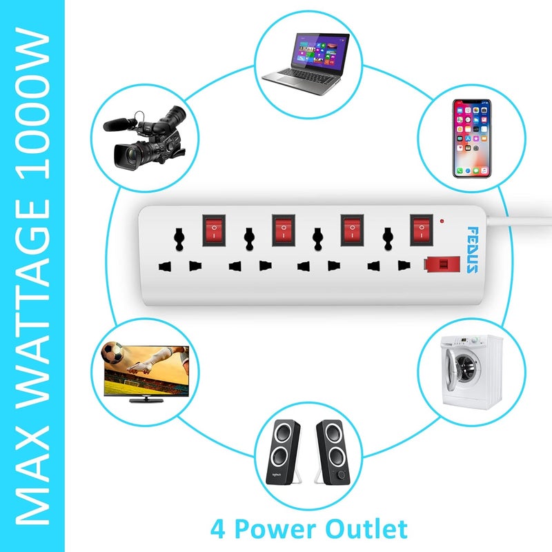Fedus 5 Meter 164 Feet Long Extension Board with 4 International Socket Computer Surge Protectors Spike Buster 250 Volts 6 Amp Max 1000 Watt Load White - Image 2