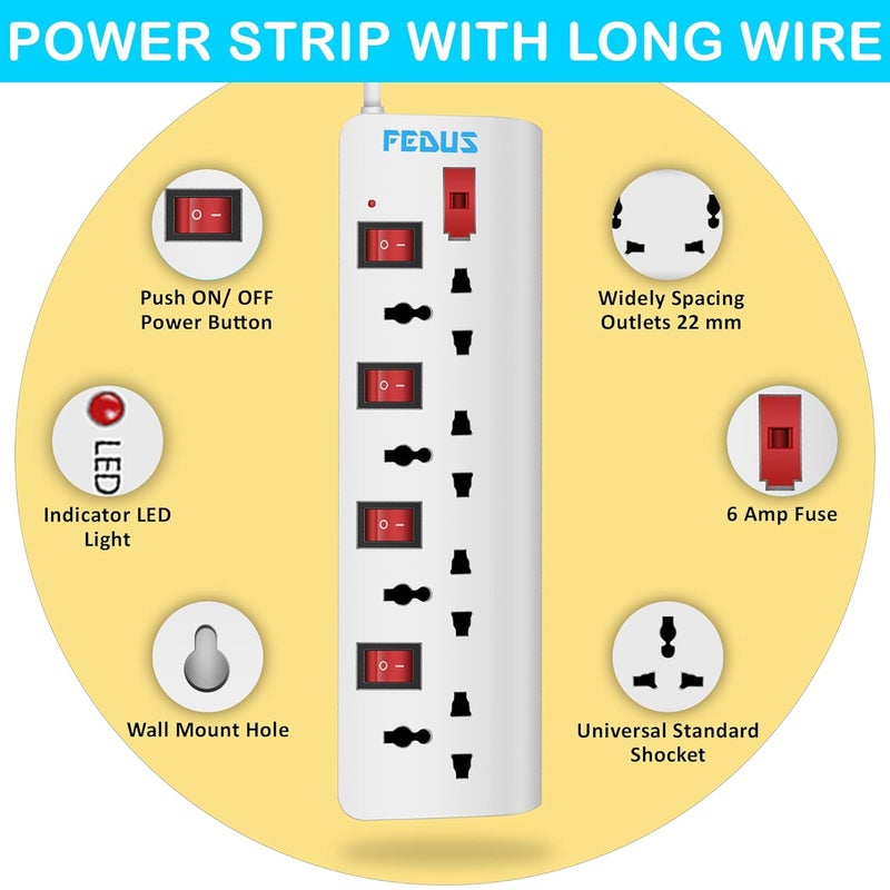 Fedus 5 Meter 164 Feet Long Extension Board with 4 International Socket Computer Surge Protectors Spike Buster 250 Volts 6 Amp Max 1000 Watt Load White - Image 4