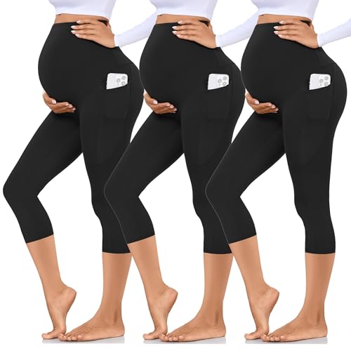 Hi Clasmix 3 Pack Maternity Capri Leggings with PocketsButtery Soft Workout Pregnancy Yoga Pants3 Pack BlackSmall