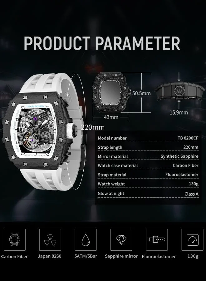 TSAR BOMBA Elemental Series 43mm Automatic Men's Watch with White Premium Rubber Strap