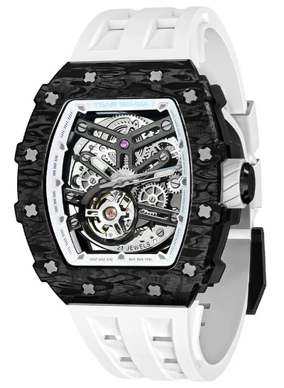 TSAR BOMBA Elemental Series 43mm Automatic Men's Watch with White Premium Rubber Strap