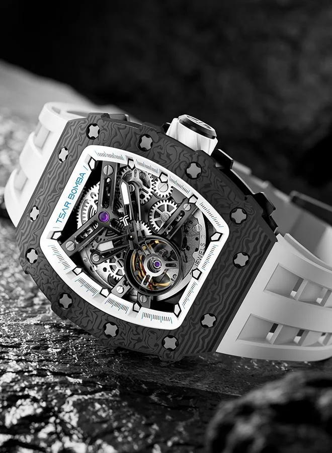 TSAR BOMBA Elemental Series 43mm Automatic Men's Watch with White Premium Rubber Strap