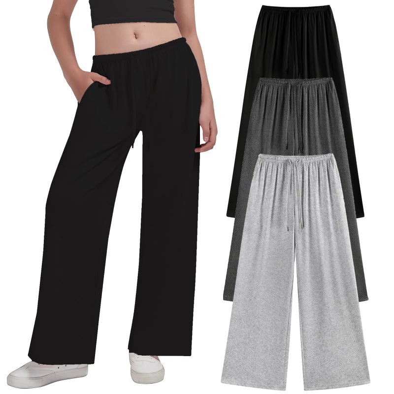 EXARUS 3 Pack Girls Loose Straight Leg Baggy Cute Sweatpants with Drawstring Elastic Waist Wide Leg Casual School for Teen 10Y BlackLight GreyGrey