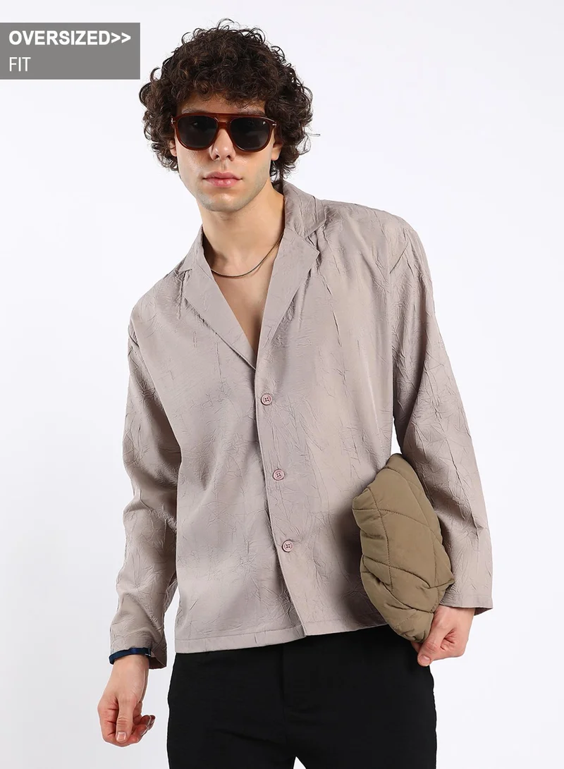 Campus Sutra Men's Ecru Beige Wrinked Korean Oversized Shirt