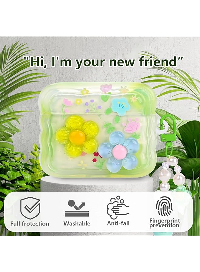 erorex Cute Cases For Airpods Pro Curly Wave Frame Shape Flowers Cover With Heart Bead Pendant And Three Dimensional Flowers Girly Liquid Glitter Sparkle Design Case For Airpods Pro Green  - Image 3
