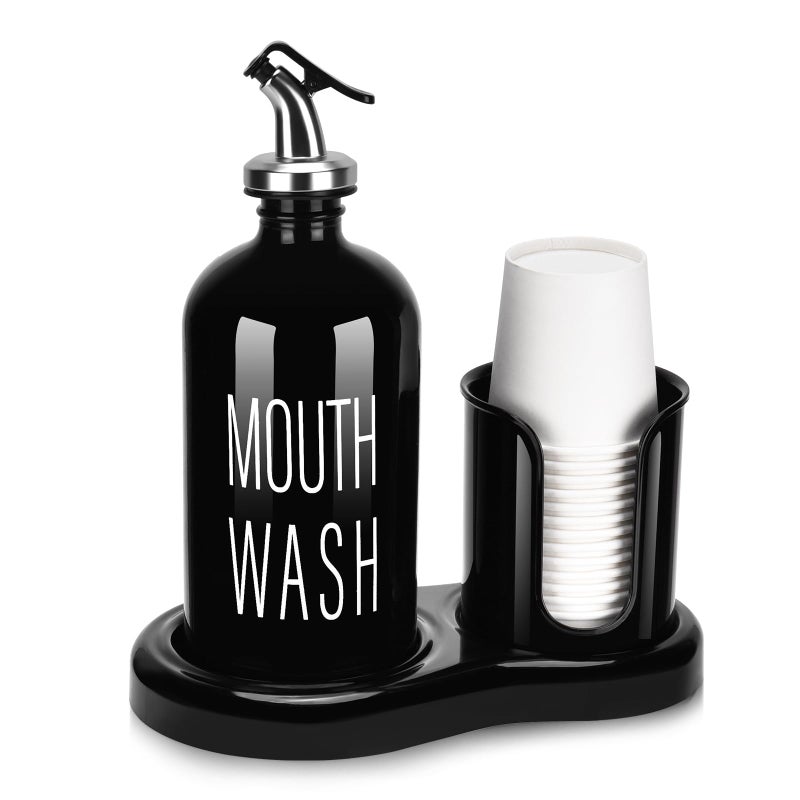 Glass Mouthwash Dispenser with Cup HolderBYAWAY Mouthwash Set for Bathroom16 OZ Refillable Mouthwash Bottle Container with 14 Mouthwash CupsFunnel Black