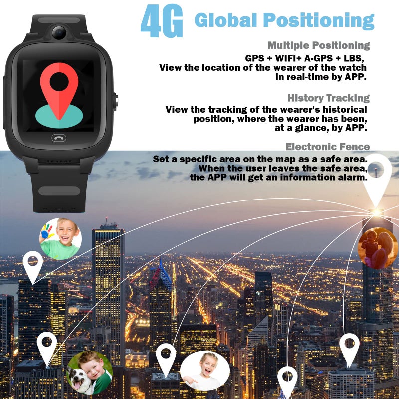 TEZILON Kids Elderly 4G GPS Smart Watch Global Version Waterproof Real-Time Tracking Phone Video Call and Text SOS Emergency Alarm Voice Message Camera Geo-Fence Pedometer Anti-Lost GPS Tracker Birthday - Image 2