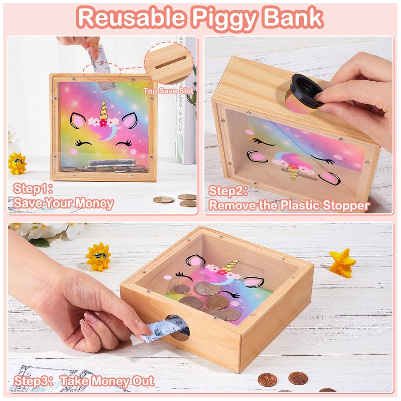 MHJY Piggy Bank for Kids, Wooden Money Coin Bank for Boys and Girls, Dinosaur Unicorn Piggy Banks with DIY Stickers for Birthday, Easter Gifts (Rainbow) - Image 5