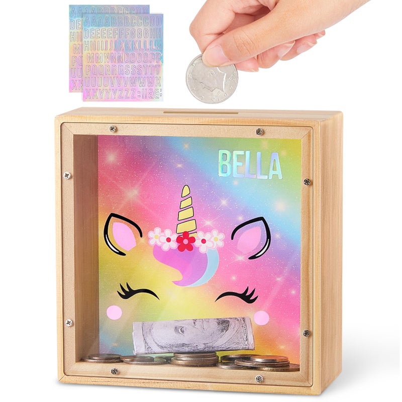 MHJY Piggy Bank for Kids, Wooden Money Coin Bank for Boys and Girls, Dinosaur Unicorn Piggy Banks with DIY Stickers for Birthday, Easter Gifts (Rainbow) - Image 1