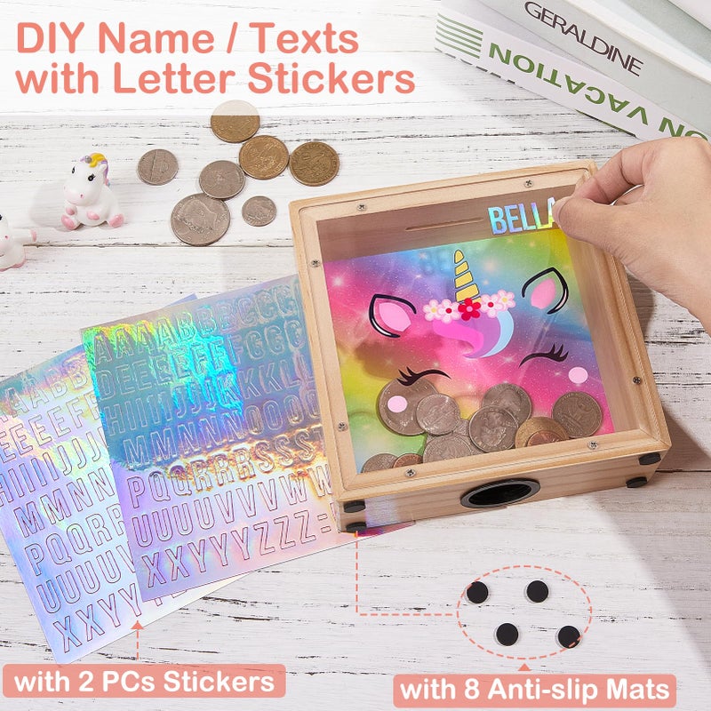 MHJY Piggy Bank for Kids, Wooden Money Coin Bank for Boys and Girls, Dinosaur Unicorn Piggy Banks with DIY Stickers for Birthday, Easter Gifts (Rainbow) - Image 2