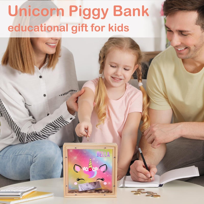 MHJY Piggy Bank for Kids, Wooden Money Coin Bank for Boys and Girls, Dinosaur Unicorn Piggy Banks with DIY Stickers for Birthday, Easter Gifts (Rainbow) - Image 3