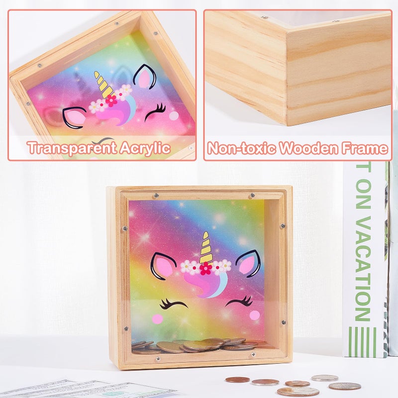 MHJY Piggy Bank for Kids, Wooden Money Coin Bank for Boys and Girls, Dinosaur Unicorn Piggy Banks with DIY Stickers for Birthday, Easter Gifts (Rainbow) - Image 4