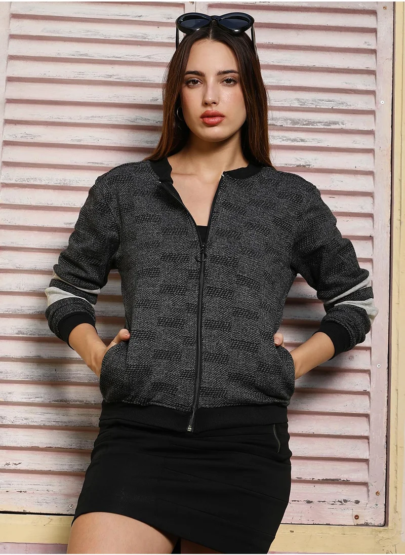 Campus Sutra Women's Charcoal Grey Zip-Front Textured Jacket