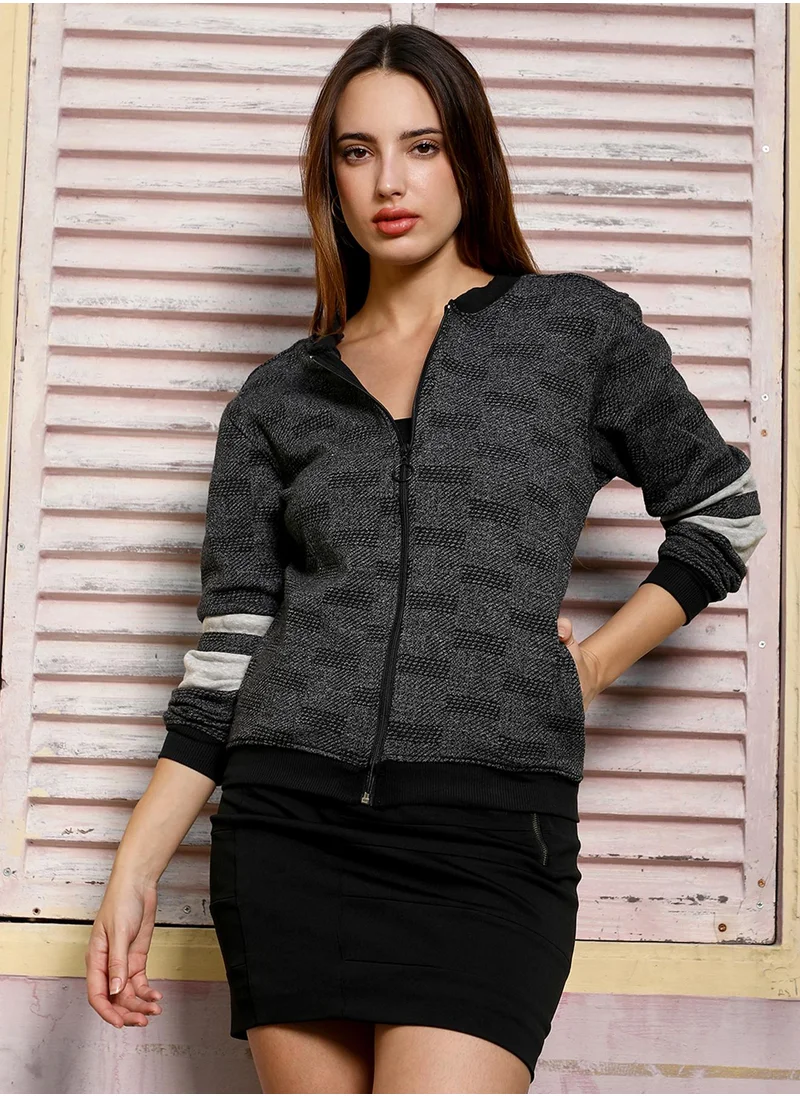 Campus Sutra Women's Charcoal Grey Zip-Front Textured Jacket