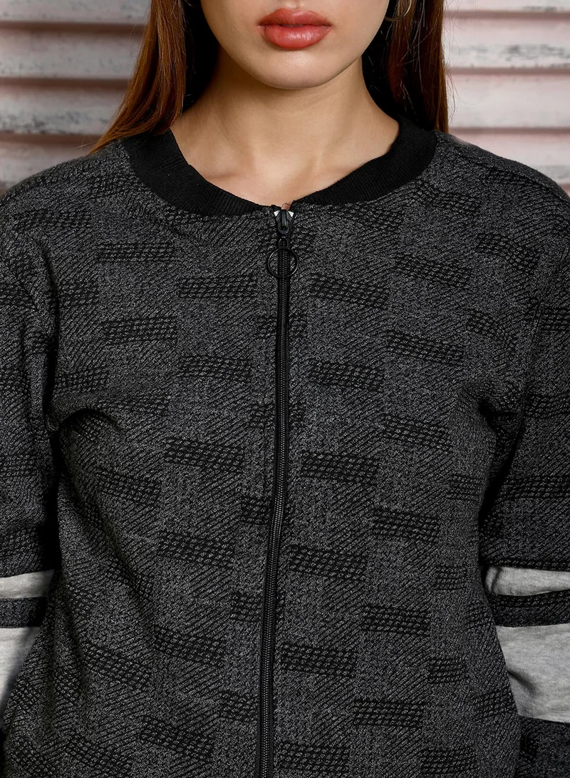 كامبوس سوترا Women's Charcoal Grey Zip-Front Textured Jacket