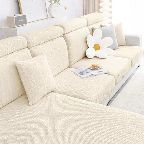 Smiry Waterproof Couch Cushion Covers, Stretch Jacquard Thick Sofa Cushion Covers, Washable Seat Slipcover Elastic Furniture Protector for Pets, Kid (3PC, Beige) - Image 1
