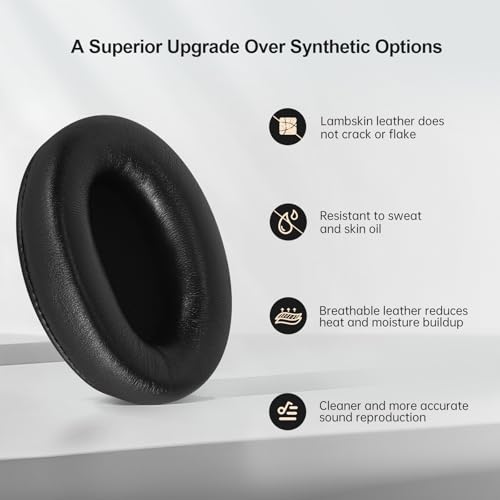 Aurivor Genuine Leather Ear-Pads Covers for Sony WH-1000XM3 Headphones, XM3 Lambskin Replacement Cushions with Soft-Touch Leather, Noise Isolation Memory Foam, Added Thickness (Black) - Image 2