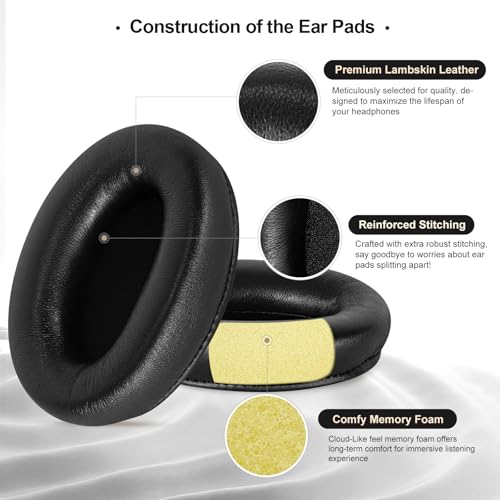 Aurivor Genuine Leather Ear-Pads Covers for Sony WH-1000XM3 Headphones, XM3 Lambskin Replacement Cushions with Soft-Touch Leather, Noise Isolation Memory Foam, Added Thickness (Black) - Image 3