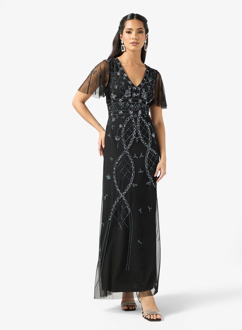 Adrianna Papell Embellished V-Neck Maxi Dress - Image 1