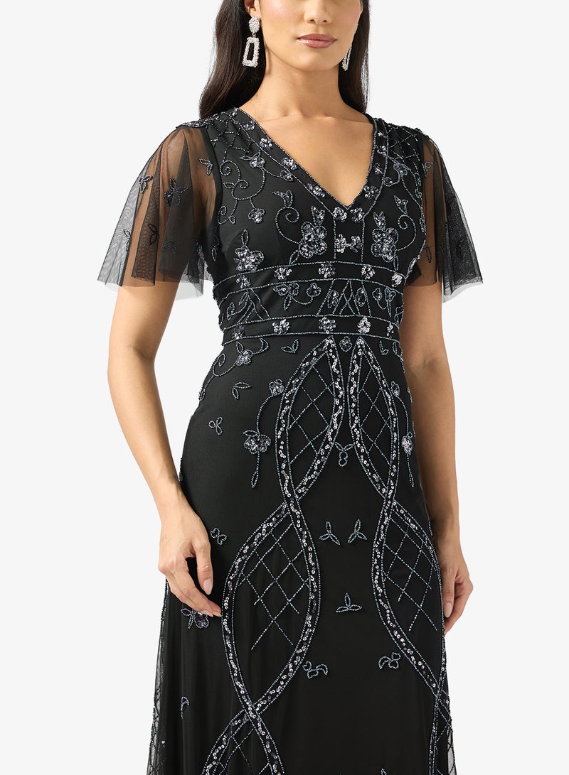 Adrianna Papell Embellished V-Neck Maxi Dress - Image 3
