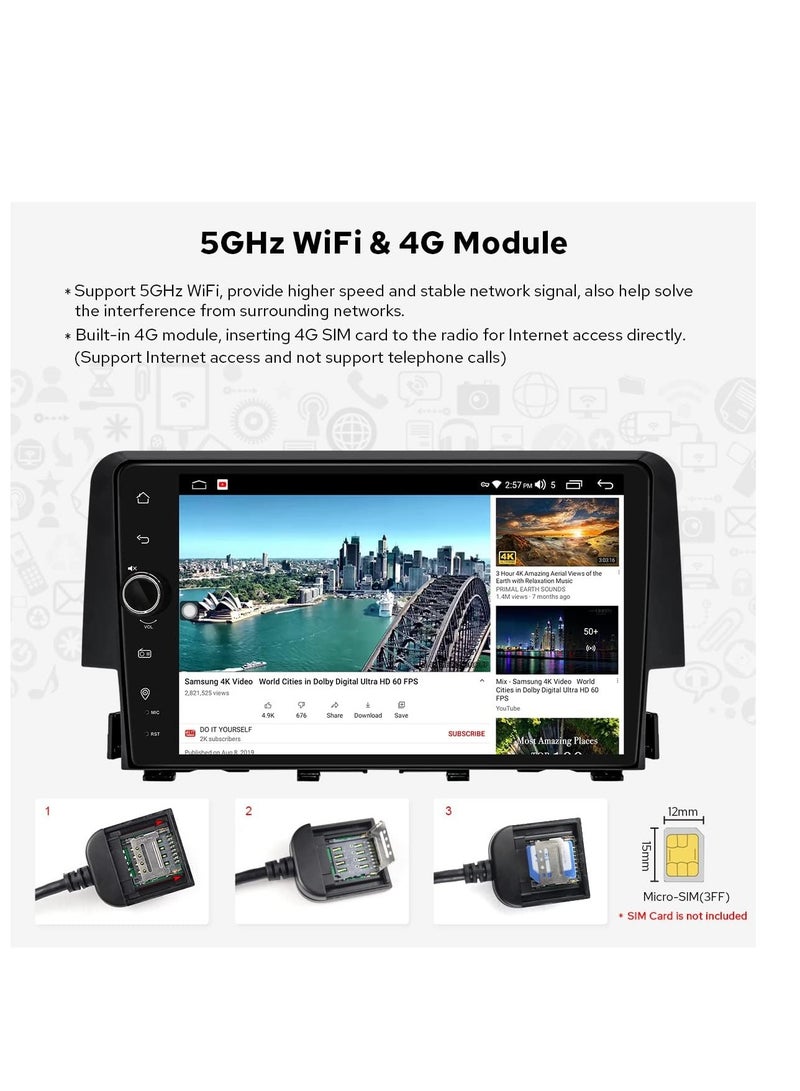 راديو سيارة 9 بوصة ستيريو أندرويد 10.0 لسيارة هوندا سيفيك 2016-2021 يدعم كاميرا المسار الأيمن، كاربلاي، أندرويد أوتو، مخرج مضخم الصوت، SWC - Image 5