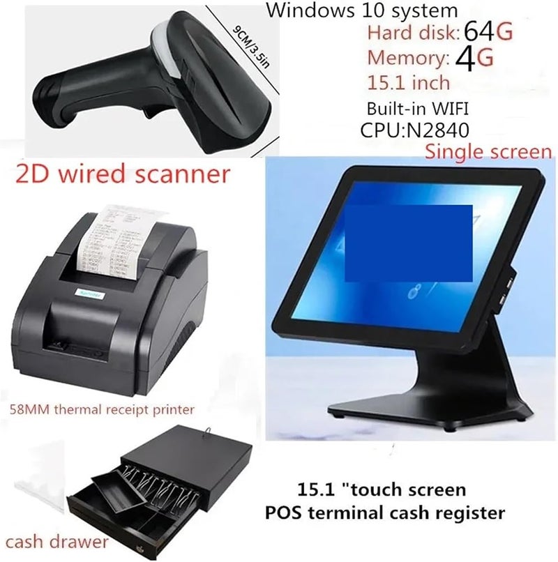 ROOUIO Cash Register, A Complete Set Of Cash Register Equipment, Thermal Printer Scanner Cash Drawer Touch Cash Register 15.1 Inch Built-in WIFI(Black Single screen) - Image 5