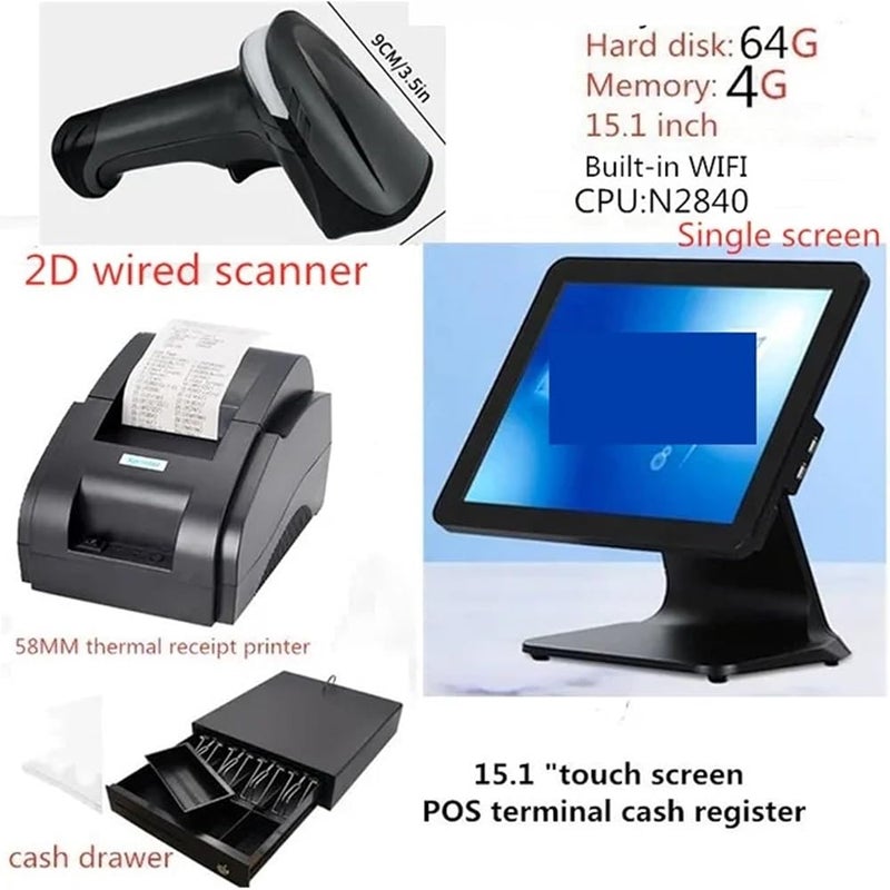 ROOUIO Cash Register, A Complete Set Of Cash Register Equipment, Thermal Printer Scanner Cash Drawer Touch Cash Register 15.1 Inch Built-in WIFI(Black Single screen) - Image 2