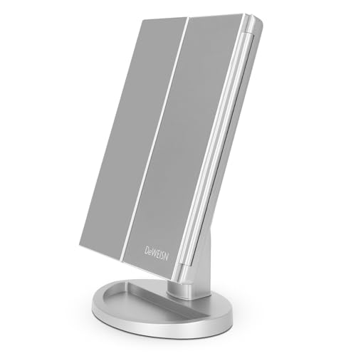 deweisn Dresser Mount TriFold Lighted Vanity Mirror with 21 LED Lights Touch Screen and 3X2X1X Magnification Two Power Supply Modes Make Up MirrorTravel Mirror - Image 1