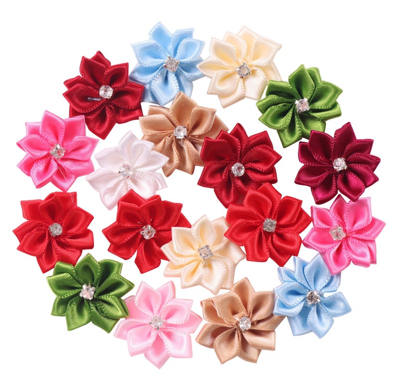 YAKA 50Pcs Satin Ribbon Flowers Bows Rose WRhinestone Appliques Birthday Party Wedding Decorations DIY Project Craft 11inchMultiColor