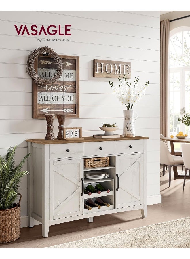 VASAGLE مجموعة فاساجل ليري - خزانة بوفيه، خزانة بار قهوة مع 3 أدراج، رفوف قابلة للتعديل، تخزين جانبي مع فتحات كابل، فواصل أدراج، أبيض ريفي وبني عسل - Image 2