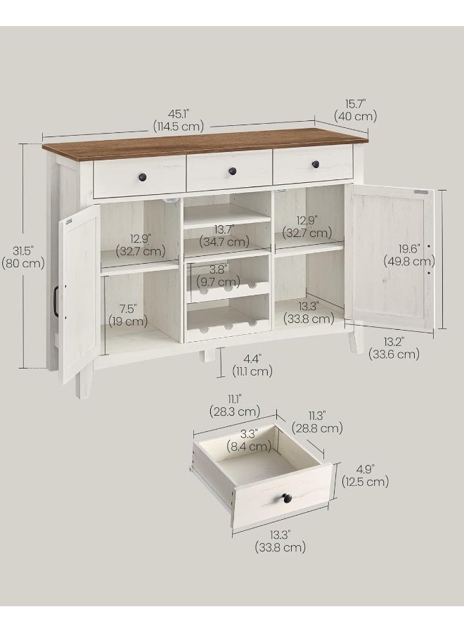 VASAGLE مجموعة فاساجل ليري - خزانة بوفيه، خزانة بار قهوة مع 3 أدراج، رفوف قابلة للتعديل، تخزين جانبي مع فتحات كابل، فواصل أدراج، أبيض ريفي وبني عسل - Image 3