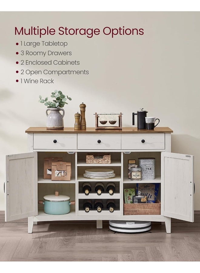 VASAGLE مجموعة فاساجل ليري - خزانة بوفيه، خزانة بار قهوة مع 3 أدراج، رفوف قابلة للتعديل، تخزين جانبي مع فتحات كابل، فواصل أدراج، أبيض ريفي وبني عسل - Image 5