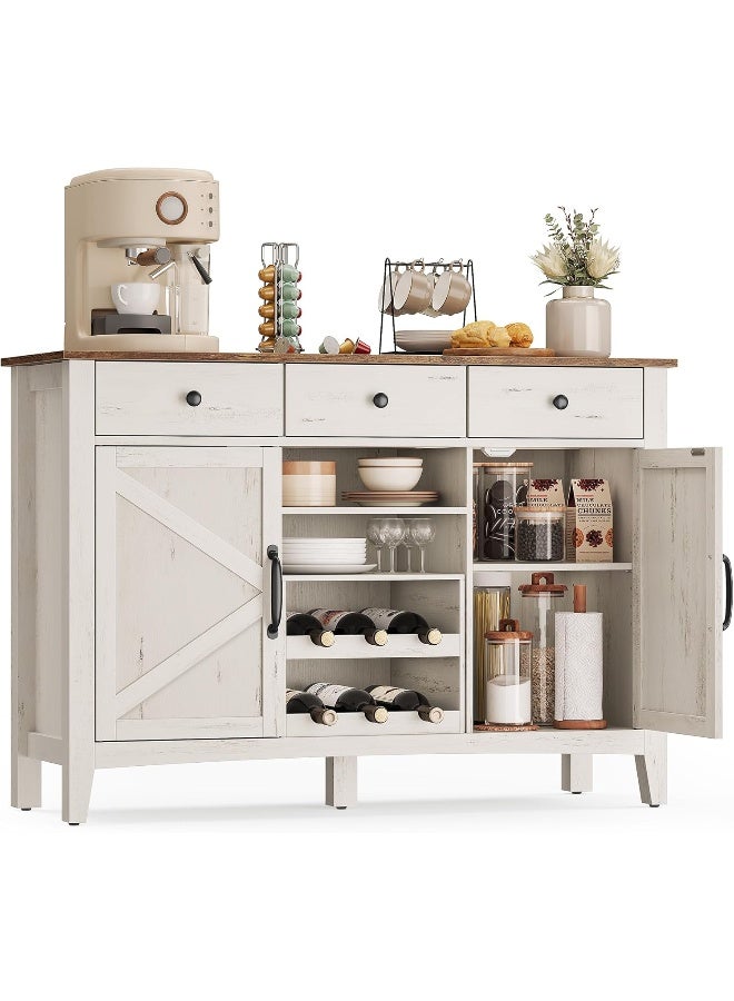 VASAGLE مجموعة فاساجل ليري - خزانة بوفيه، خزانة بار قهوة مع 3 أدراج، رفوف قابلة للتعديل، تخزين جانبي مع فتحات كابل، فواصل أدراج، أبيض ريفي وبني عسل - Image 1