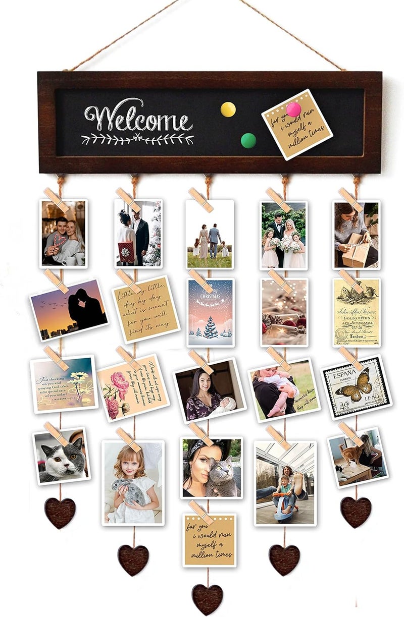 EXQUIDECA Picture Frames Collage Display Board with 30 Clips - Multi Photos Cards Organizer with Adjustable Twines and Magnetic Blackboard - DIY Wall Decor Hanging Picture Holder 15.7x5 Inches - Image 1