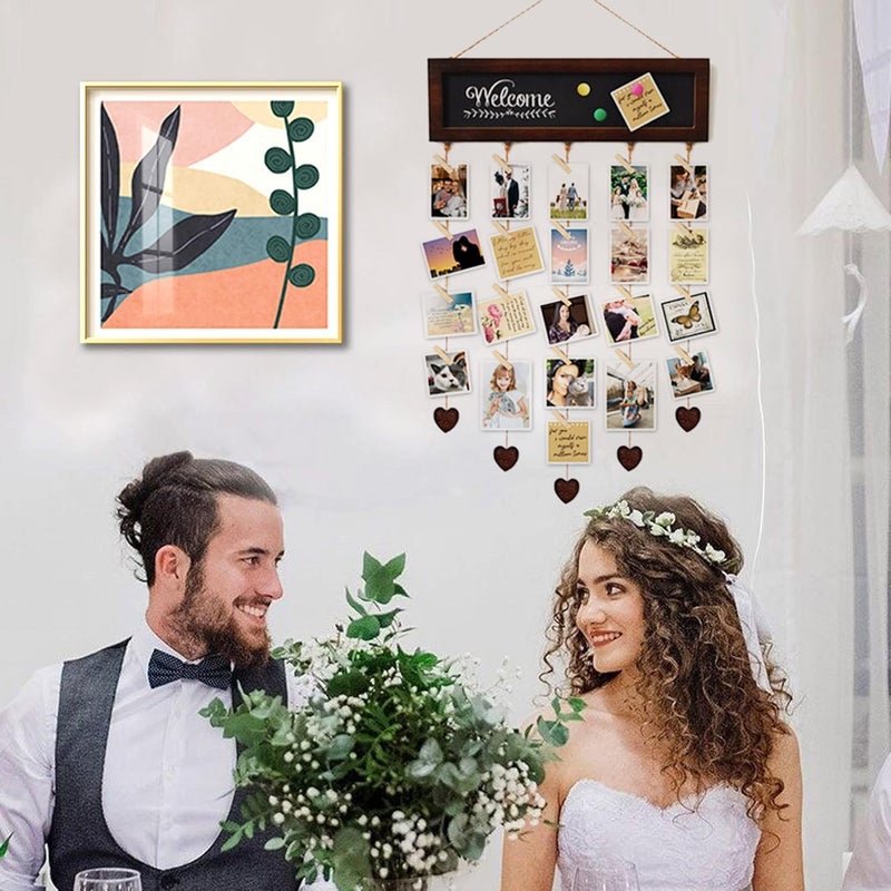 EXQUIDECA Picture Frames Collage Display Board with 30 Clips - Multi Photos Cards Organizer with Adjustable Twines and Magnetic Blackboard - DIY Wall Decor Hanging Picture Holder 15.7x5 Inches - Image 2