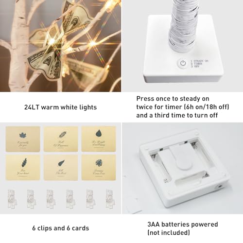 PEIDUO Money Tree, 22 Inch Gift Card Tree Holder with 6 Clips and 6 Greeting Cards, 24 Warm White Birch Tree with Lights, Christmas Tree Card Holder for Birthday Wedding Indoor Xmas Decorations - Image 5