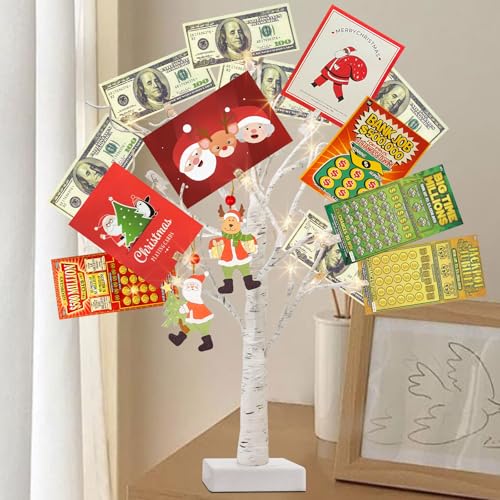 PEIDUO Money Tree, 22 Inch Gift Card Tree Holder with 6 Clips and 6 Greeting Cards, 24 Warm White Birch Tree with Lights, Christmas Tree Card Holder for Birthday Wedding Indoor Xmas Decorations - Image 1