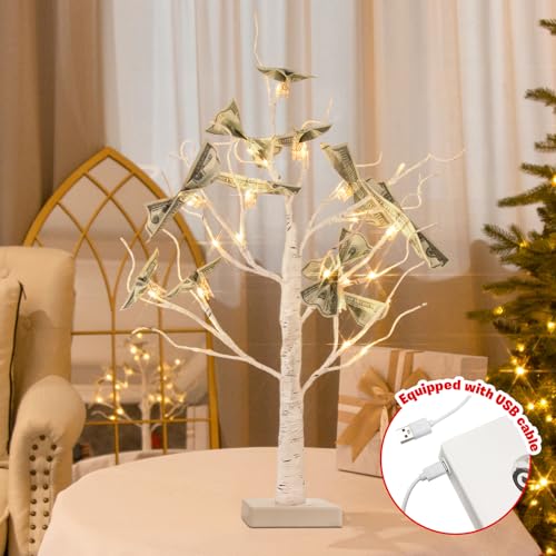 PEIDUO Money Tree, 22 Inch Gift Card Tree Holder with 6 Clips and 6 Greeting Cards, 24 Warm White Birch Tree with Lights, Christmas Tree Card Holder for Birthday Wedding Indoor Xmas Decorations - Image 4