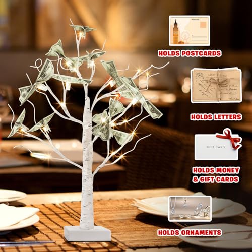 PEIDUO Money Tree, 22 Inch Gift Card Tree Holder with 6 Clips and 6 Greeting Cards, 24 Warm White Birch Tree with Lights, Christmas Tree Card Holder for Birthday Wedding Indoor Xmas Decorations - Image 2