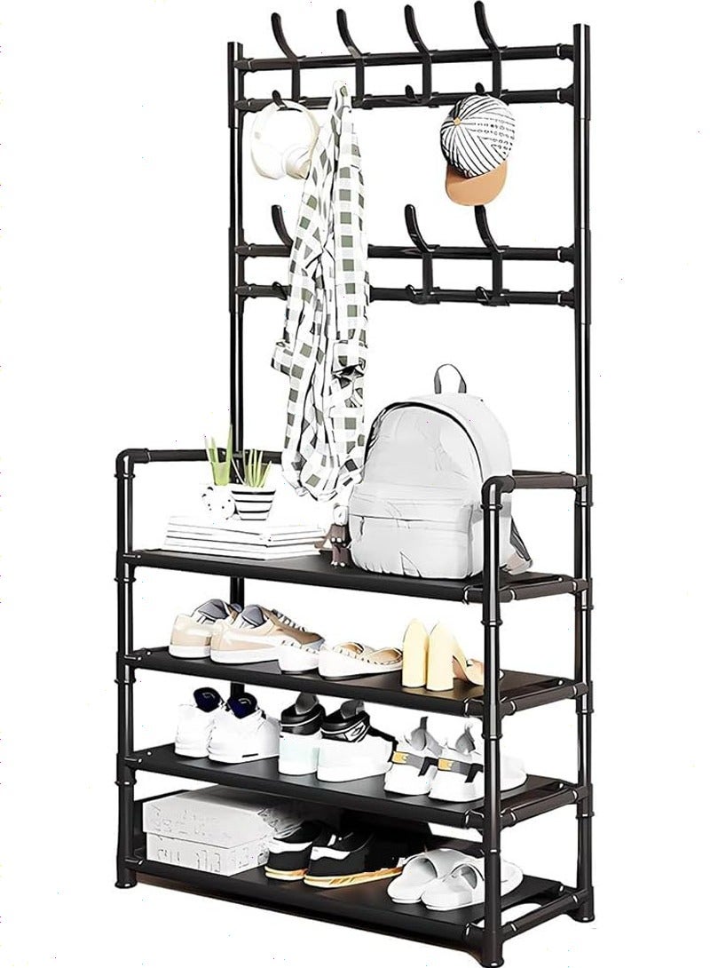 Topyich 4-Tier Coat Rack with Shoe Rack, 3 in 1 Shoe Organizer Cabinet Entryway with 8 Hooks, Stand Free Hall Trees Metal Pipes Shelf for Shoes Storage Clothing Hanger for Hats,Living Room,Bedroom-Black - Image 1